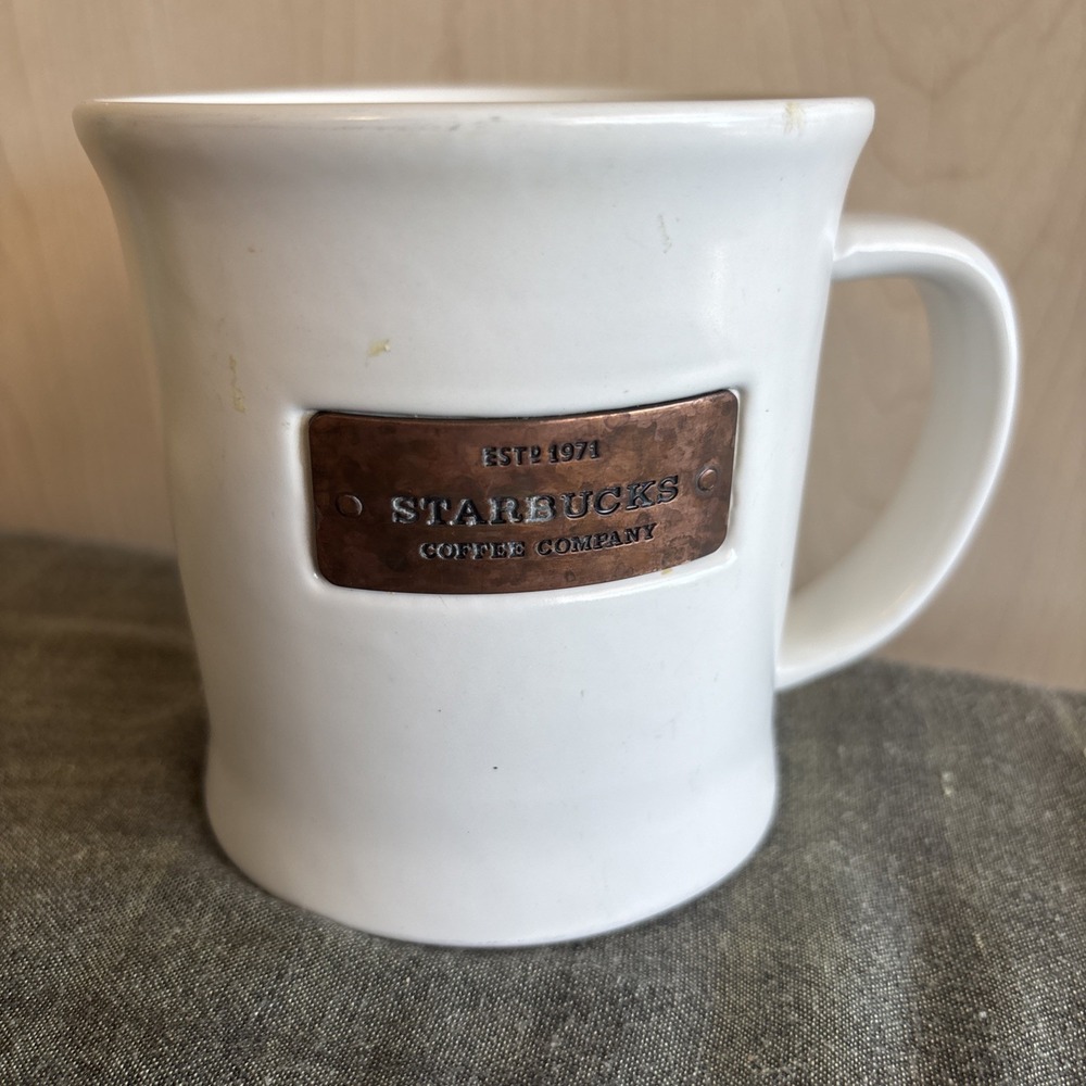 Retired Starbucks Mug Ivory‎ White Copper Starbucks Badge Handle 16 oz 2010